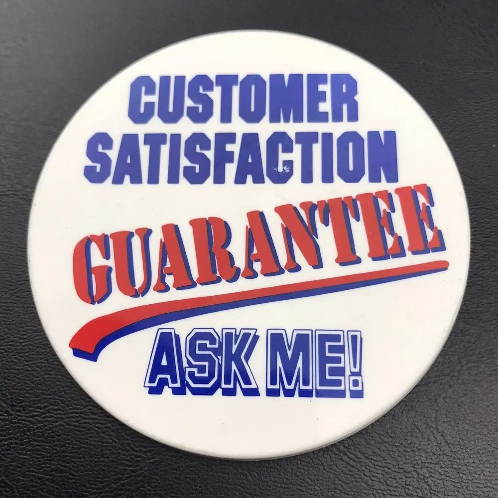 Pin Button Badge Vintage White Blue Red Customer Satisfaction Ask Me Promotional
